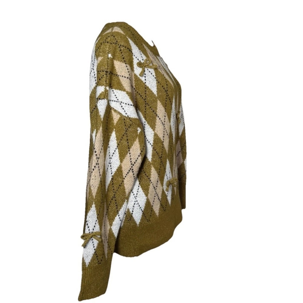 Anthropologie Maeve 3D Bow Argyle Crew Neck Sweater Small Green Brown Oversized - Picture 4 of 8
